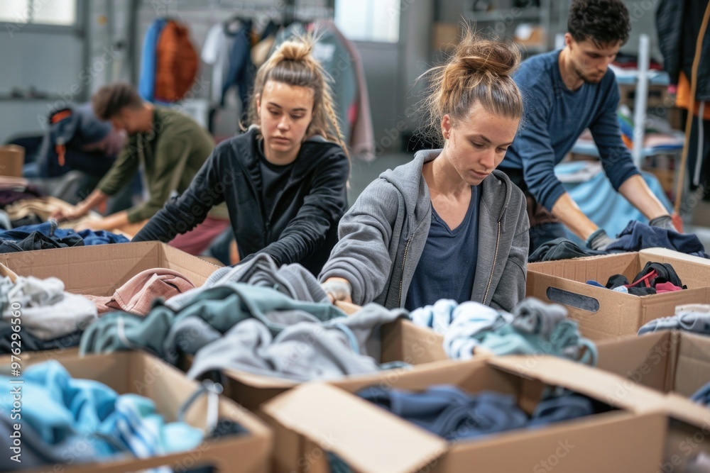 Group of people organizing clothes in boxes Group of people organizing clothes in boxes