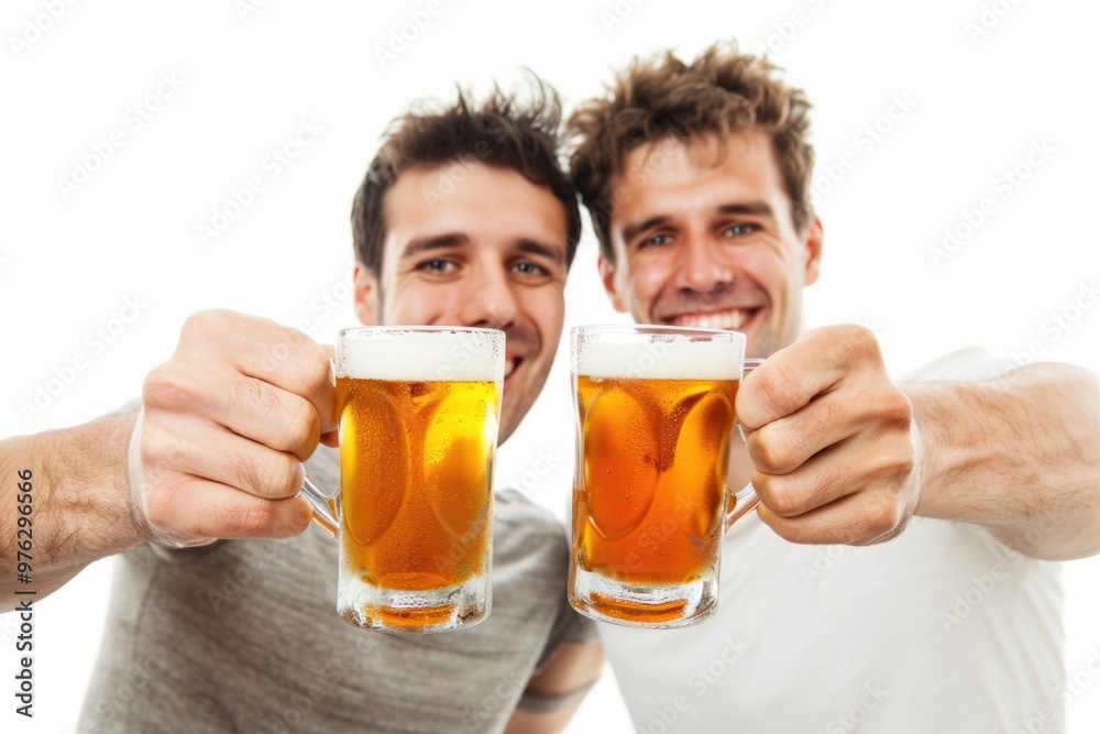 Two friends enjoying beers together, great for social media or party invites