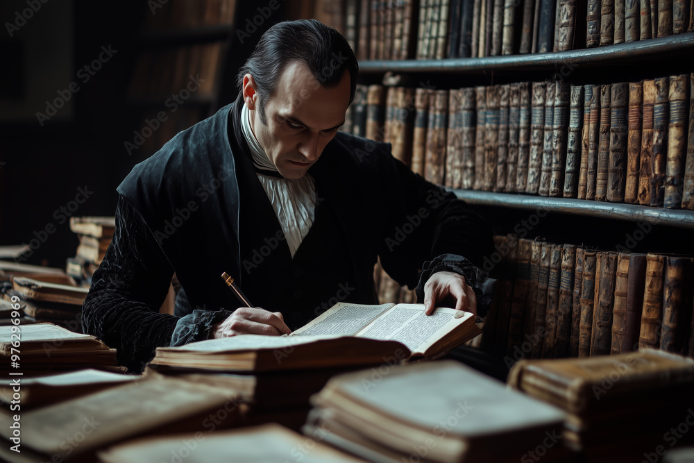 Dracula immersed in ancient lore, delving into forgotten texts within a shadowy library by candlelight Dracula immersed in ancient lore, delving into forgotten texts within a shadowy library by candlelight