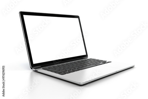 A laptop computer with a blank screen placed on a white surface, suitable for presentations or technology-related concepts