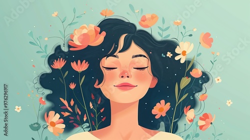 Charming Illustration of a Woman Surrounded by Flowers, Emphasizing Peace and Soft Skills Development