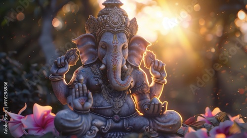 Intricate Statue of Lord Ganesha Surrounded by Flowers in Warm Sunlight