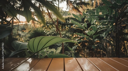 Wooden Tabletop with Tropical Leaves Background photo