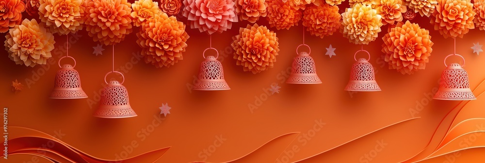 Naklejka premium Diwali Banner with Hanging Marigold Garlands and Intricate Paper-Cut Bells, Accented by Stars