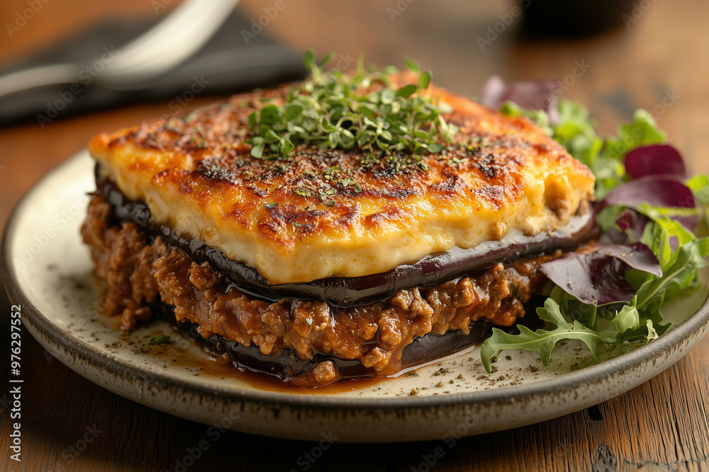 Delicious moussaka served on a plate alongside a fresh salad for a delightful Mediterranean meal experience Delicious moussaka served on a plate alongside a fresh salad for a delightful Mediterranean meal experience