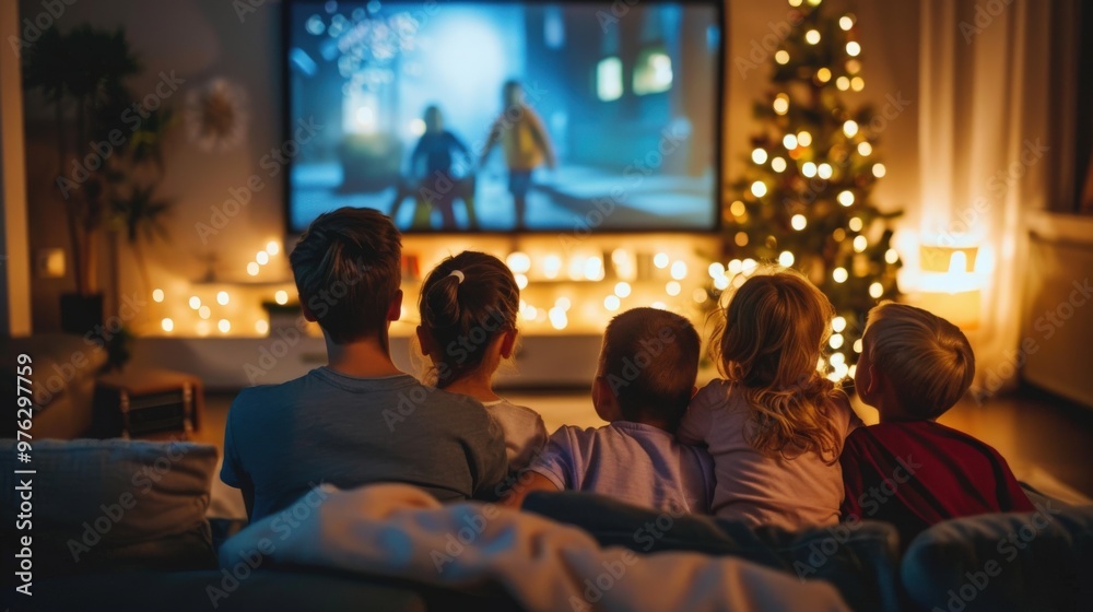 Create a scene of a family watching a classic film together, with vintage decor and a nostalgic atmosphere in the living room. Create a scene of a family watching a classic film together, with vintage decor and a nostalgic atmosphere in the living room.