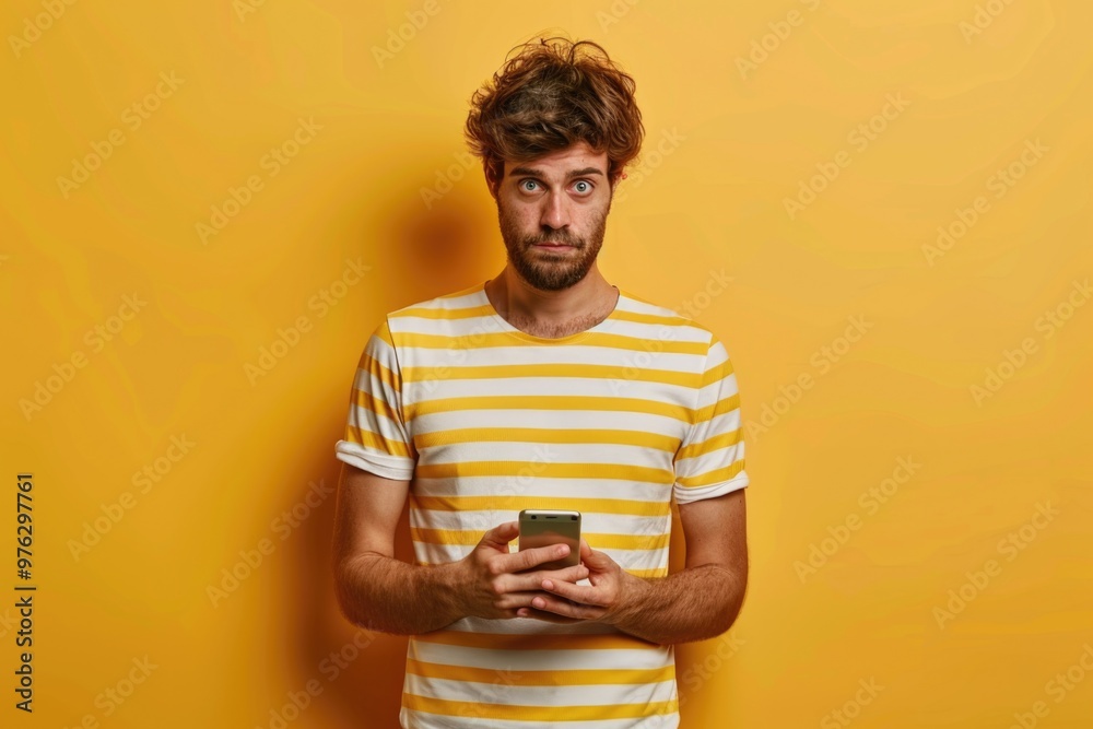 A person holding a cell phone in front of a bright yellow wall, perfect for use in a variety of contexts A person holding a cell phone in front of a bright yellow wall, perfect for use in a variety of contexts