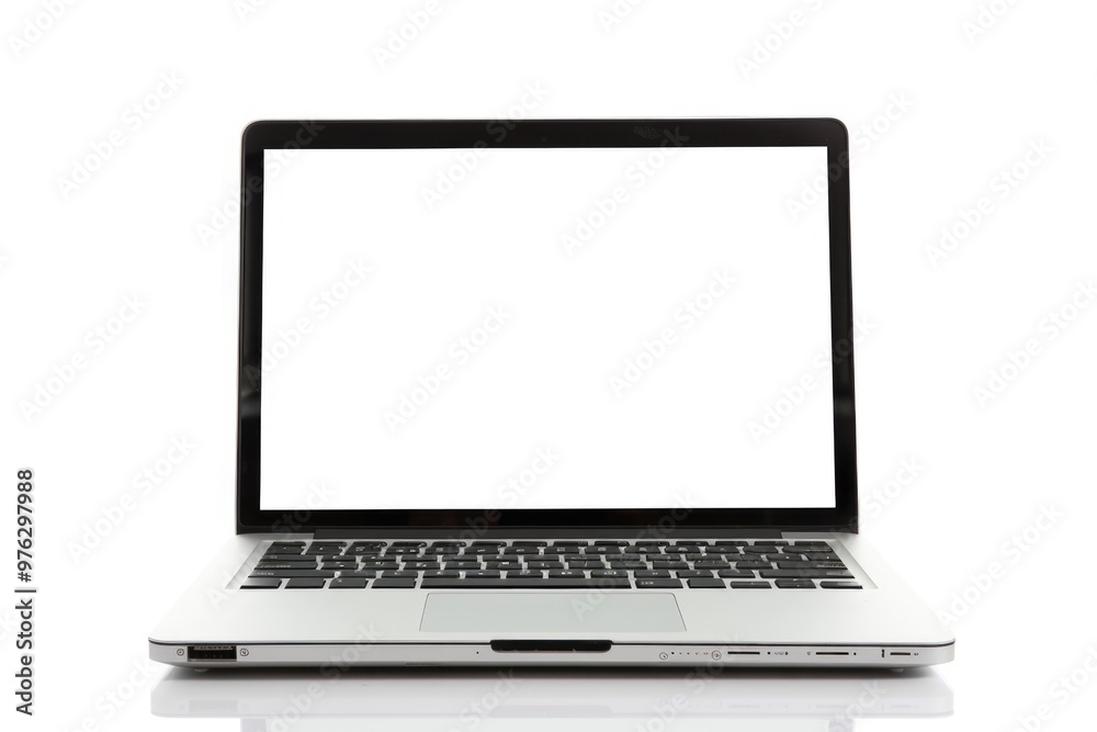 A laptop computer with a blank screen sitting on a white surface A laptop computer with a blank screen sitting on a white surface