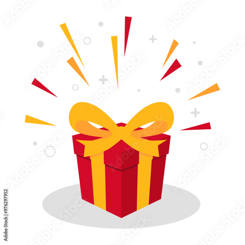 surprise Red gift box, birthday celebration, special give away package, loyalty program reward, wonder gift with exclamation mark, vector icon, flat illustration 02