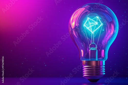 Icon of a glowing lightbulb on a dark purple background. Idea and innovation concept. 3D rendering.