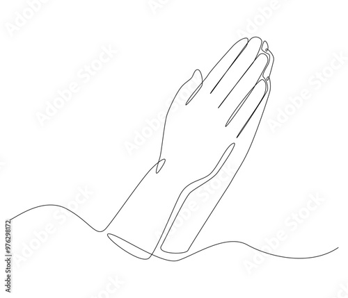 One Line Continuous Drawing of Raising Hands for Dua Pray. Islamic Traditional Prayer Gesture Line Art. Editable Stroke.