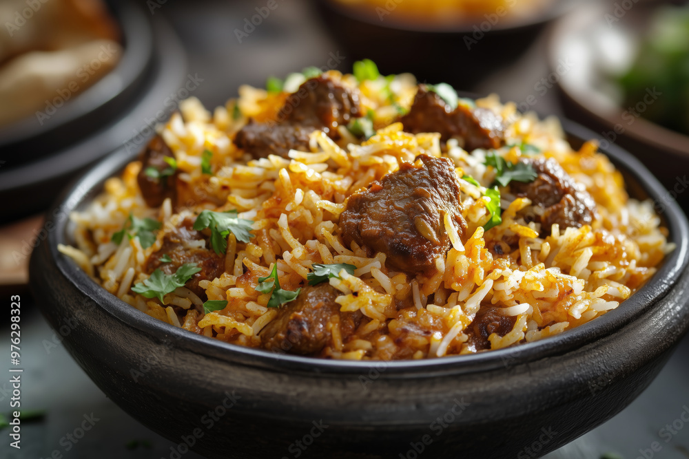 Experience the irresistible flavors of spicy mutton biryani served in a traditional bowl, perfect for a gathering or special occasion Experience the irresistible flavors of spicy mutton biryani served in a traditional bowl, perfect for a gathering or special occasion