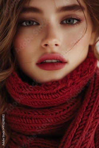 young woman in red knitted scarf close up portrait Generative AI