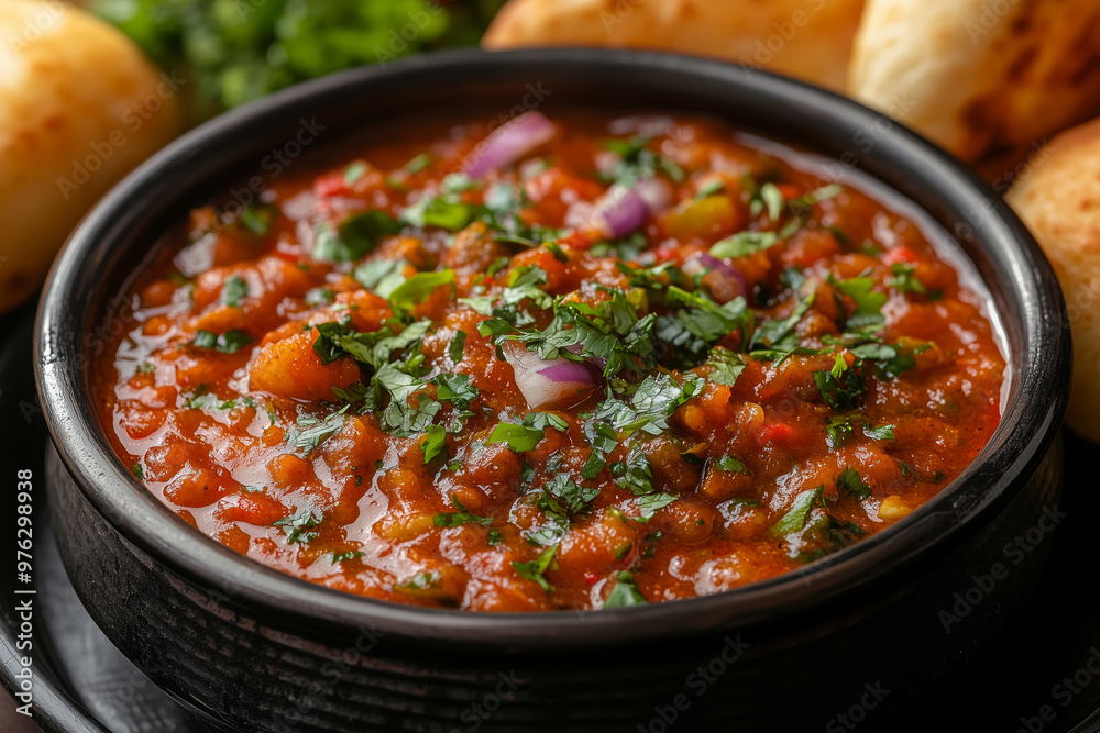 Delicious Indian pav bhaji served on a black plate, garnished with fresh herbs and onions alongside soft bread rolls in a cozy setting Delicious Indian pav bhaji served on a black plate, garnished with fresh herbs and onions alongside soft bread rolls in a cozy setting