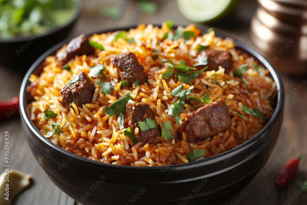 Spicy mutton biryani served in a traditional bowl, showcasing vibrant flavors and aromatic herbs in a cozy dining setting Spicy mutton biryani served in a traditional bowl, showcasing vibrant flavors and aromatic herbs in a cozy dining setting