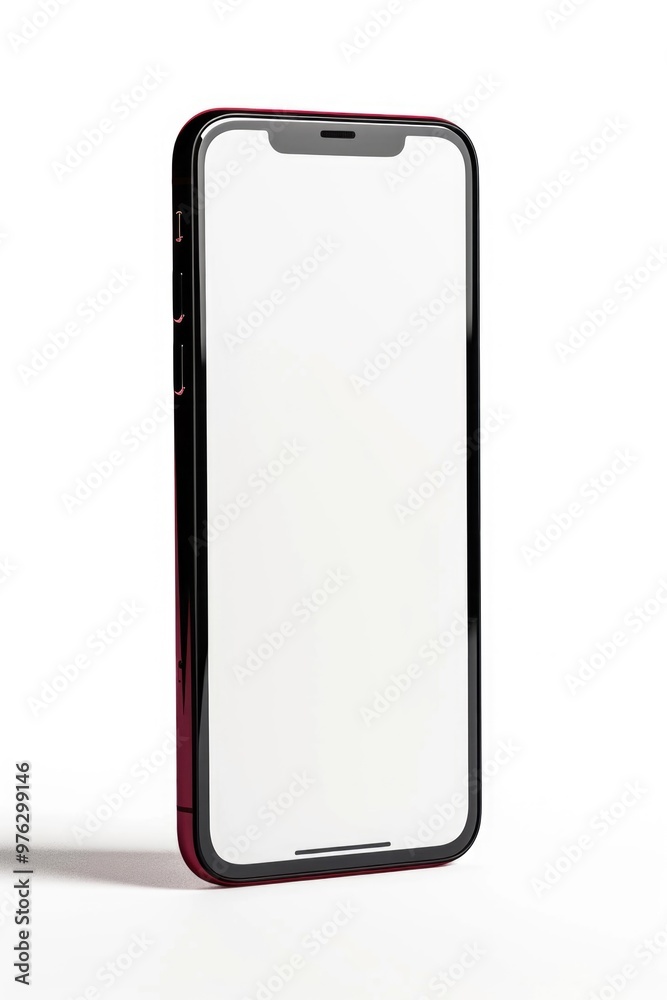 A cell phone with a blank screen on a white surface, ideal for use in still life photography or product design