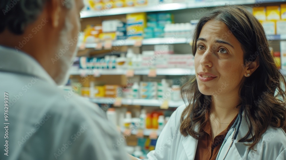 A woman speaking with a man at a pharmacy counter, likely discussing medication or health advice A woman speaking with a man at a pharmacy counter, likely discussing medication or health advice