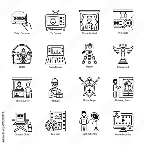 Collection of 16 Filmmaking Line Style Icons 

