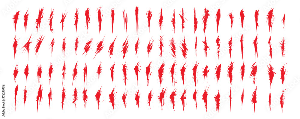 Blood scratch red icons. Scars slashes wounds cuts skin gashes damage bleeding punctures, flesh lacerations trauma with splashes and drops points of injury, isolated vector set on white background