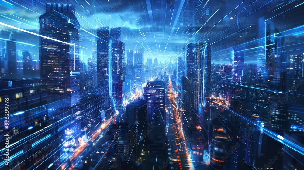 Futuristic urban techscape a vision of smart cities with illuminated skyscrapers and data streams Futuristic urban techscape a vision of smart cities with illuminated skyscrapers and data streams