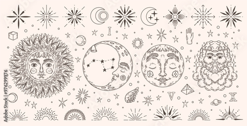 Vintage sun and moon. Celestial star and cute graphic galaxy, wind icon, vintage astronomy dream on decorative mystery invitation. Boho style. Vector graphic isolated line black elements set