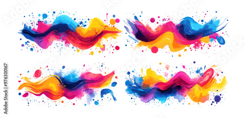 Cartoon abstract wave with colored blobs. Ripple flow tide splash stains and strokes, red yellow blue spots drops dots, bright illustration isolated on white background