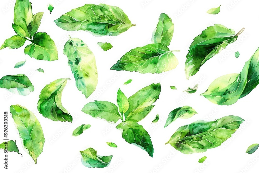 Aerial view of green leaves floating in the air