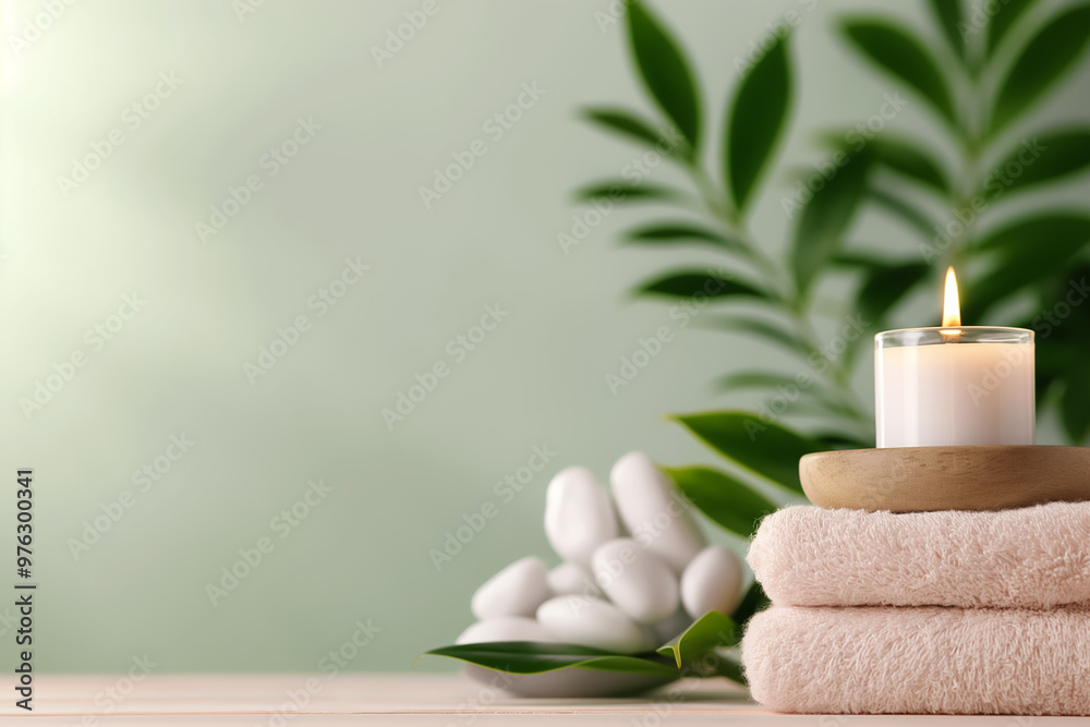 A tranquil spa setup features a glowing candle on a wooden stand, surrounded by plush towels and smooth stones, complemented by vibrant green leaves in the background A tranquil spa setup features a glowing candle on a wooden stand, surrounded by plush towels and smooth stones, complemented by vibrant green leaves in the background