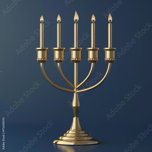 An ultra-sharp 3D render of a golden menorah against a dark blue background, perfect for a Hanukkah