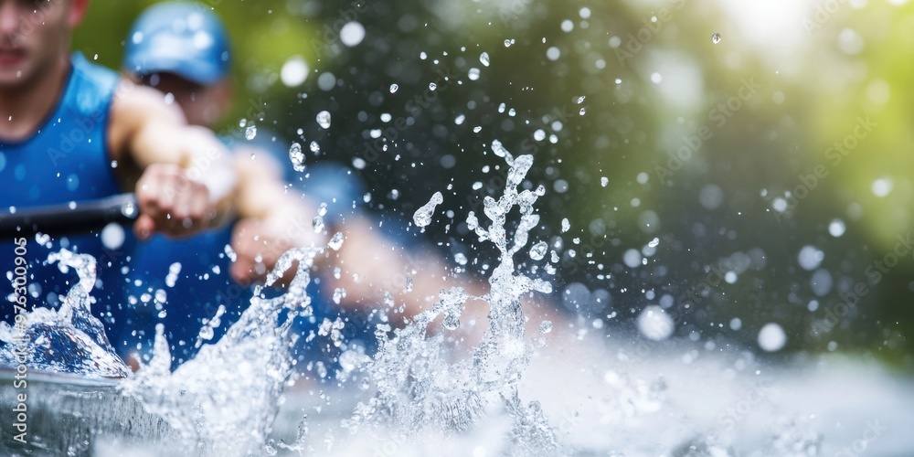 Dynamic close-up shot capturing the energy and intensity of a rowing team during a competitive race with water splashing from their powerful strokes. Dynamic close-up shot capturing the energy and intensity of a rowing team during a competitive race with water splashing from their powerful strokes.