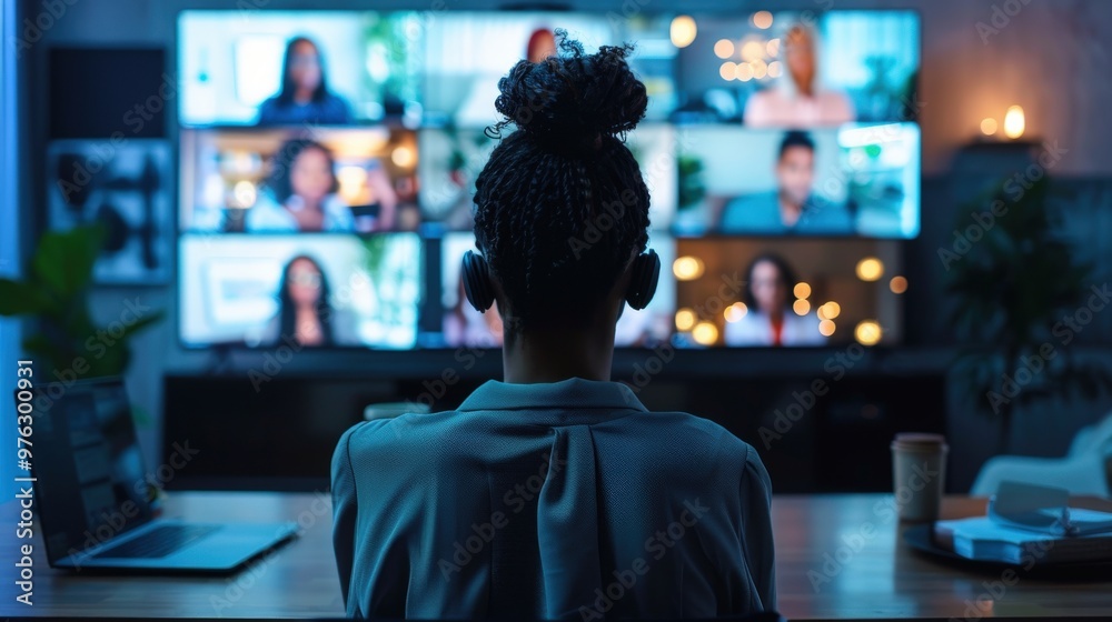 Fototapeta premium Design an image of an LGBTQ+ identifying businessperson leading a remote team meeting with participants in different locations, shown on multiple screens.