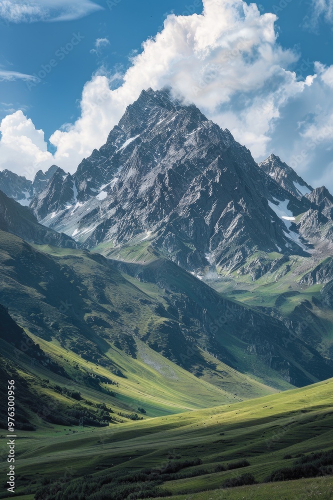 A scenic view of a mountain range with a few clouds in the clear blue sky A scenic view of a mountain range with a few clouds in the clear blue sky