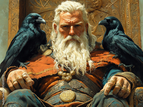 Wise bearded king with ravens on throne
 photo