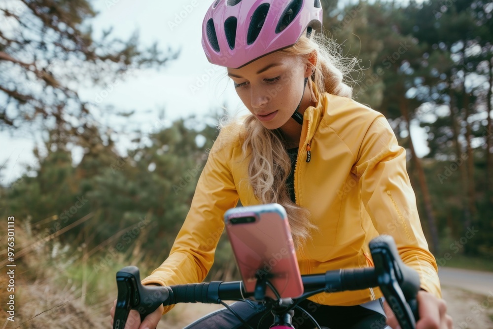 Naklejka premium A woman rides a bike while holding her cell phone, possibly checking directions or taking a call