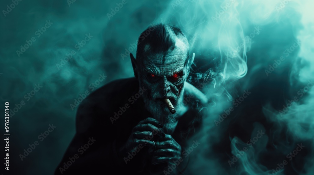 Dark figure with red eyes and cigarette in smoky atmosphere Dark figure with red eyes and cigarette in smoky atmosphere