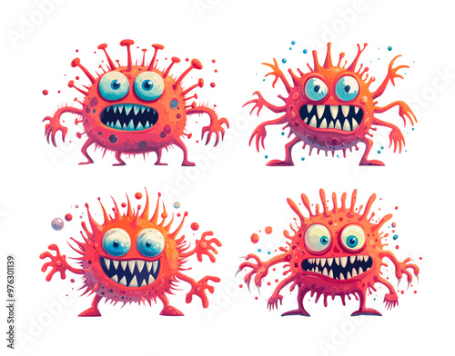 Cartoon angry virus. Funny red bubble microbe, big eyes toothed spiny tentacles bacteria, molecule germ purple pathogen micro organism character, vector illustrations isolated on white background