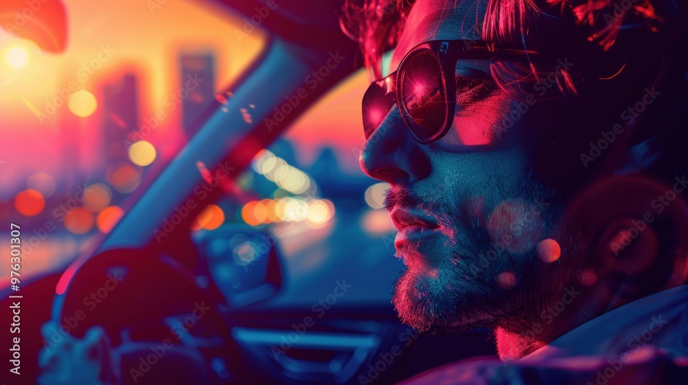 Design an image of an LGBTQ+ person commuting to work in a car, with a city skyline visible through the window and a professional appearance. Design an image of an LGBTQ+ person commuting to work in a car, with a city skyline visible through the window and a professional appearance.
