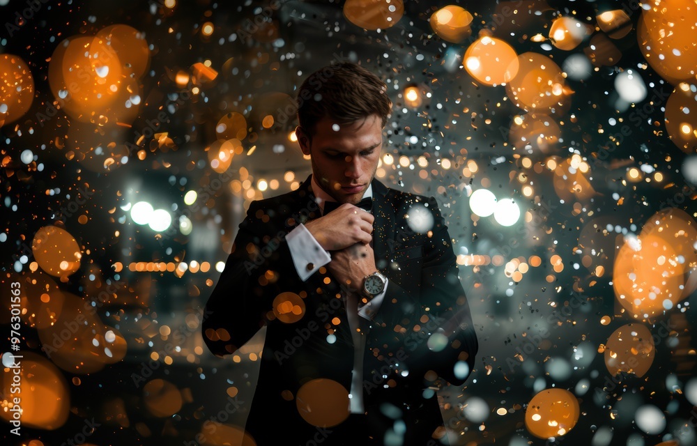 Elegant man adjusting his tie at a festive evening event Elegant man adjusting his tie at a festive evening event