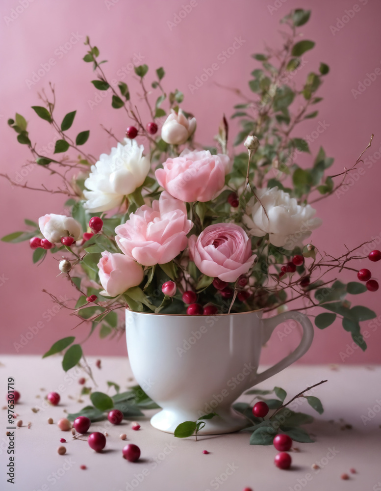 flower arrangement in a cup, soft pink roses, leaves and twigs flower arrangement in a cup, soft pink roses, leaves and twigs