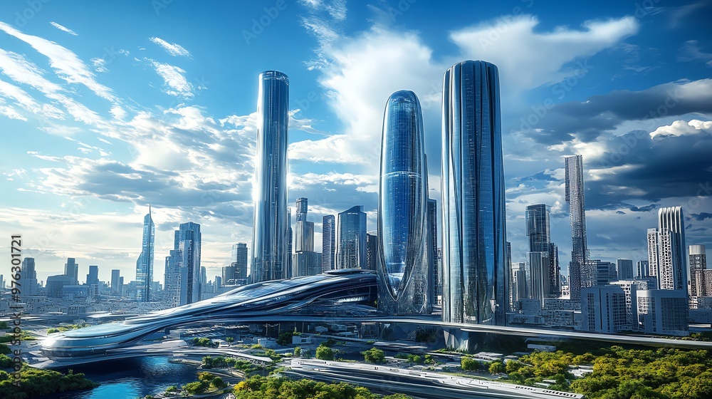 Futuristic city skyline with modern architecture. Futuristic city skyline with modern architecture.
