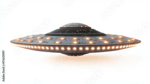 Viewed from the bottom, this rendering shows a 3D rendering of an alien UFO in flight.