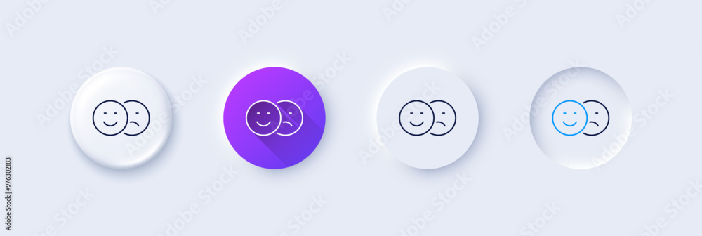 Like and dislike line icon. Neumorphic, Purple gradient, 3d pin buttons. Smile sign. Social media feedback symbol. Line icons. Neumorphic buttons with outline signs. Vector Like and dislike line icon. Neumorphic, Purple gradient, 3d pin buttons. Smile sign. Social media feedback symbol. Line icons. Neumorphic buttons with outline signs. Vector