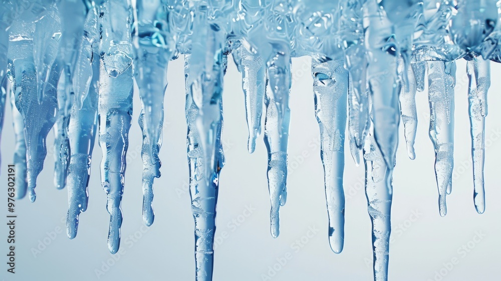 Group of icicles hanging from a building's wall, frozen in winter scenery Group of icicles hanging from a building's wall, frozen in winter scenery