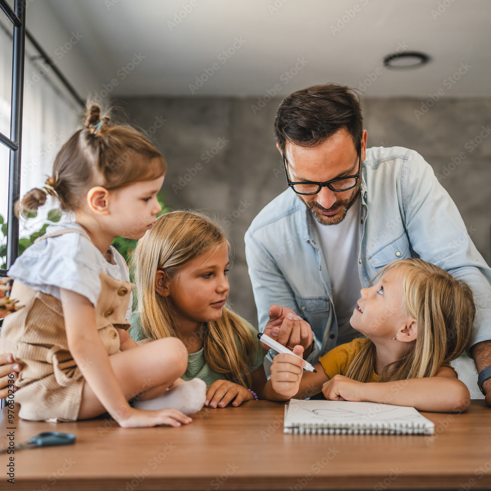 Adult single father of three daughters help them to do homework Adult single father of three daughters help them to do homework