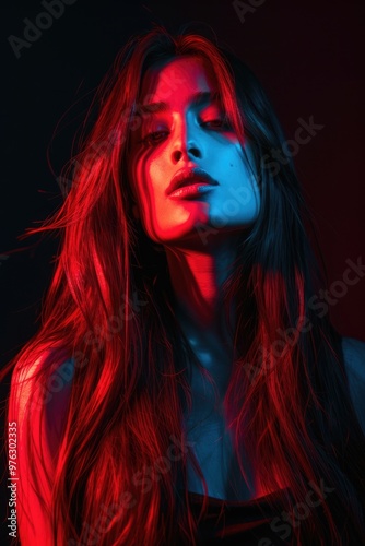 A woman with long hair illuminated by vibrant red and blue lights, suitable for fantasy or sci-fi concepts