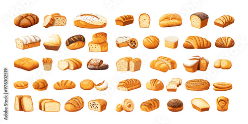 Cartoon breads. Bun puff bagels flatbreads pastries with seeds seasonings, white and rye flour dough crusts products delicious bakery food, isolated vector set