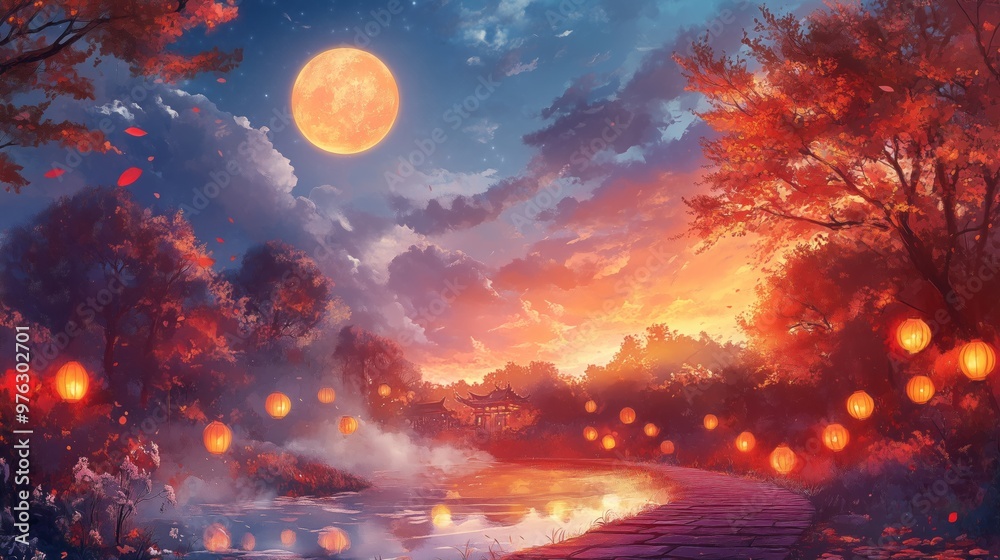 Serene Mid-Autumn Festival Sunset with Glowing Lanterns Serene Mid-Autumn Festival Sunset with Glowing Lanterns