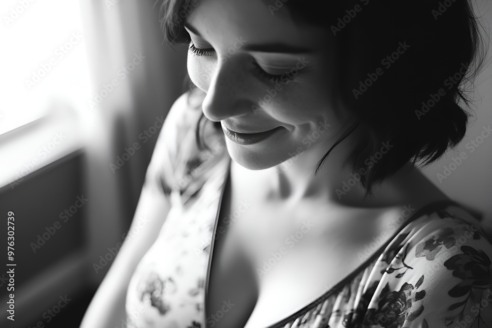 A black-and-white close-up of a smiling woman with short hair, looking down,peaceful and serene atmosphere, floral patterns on dress, delicate, gentle light through the window A black-and-white close-up of a smiling woman with short hair, looking down,peaceful and serene atmosphere, floral patterns on dress, delicate, gentle light through the window