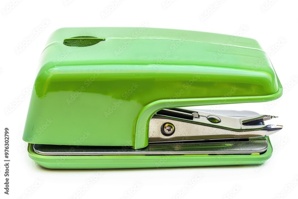 A small green stapler placed on a clean white surface, ready for use A small green stapler placed on a clean white surface, ready for use