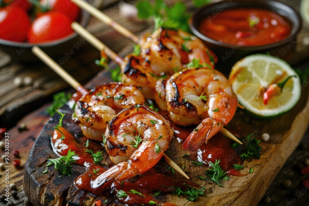 Freshly grilled shrimp served on a rustic wooden cutting board, perfect for a casual dinner or appetizer Freshly grilled shrimp served on a rustic wooden cutting board, perfect for a casual dinner or appetizer